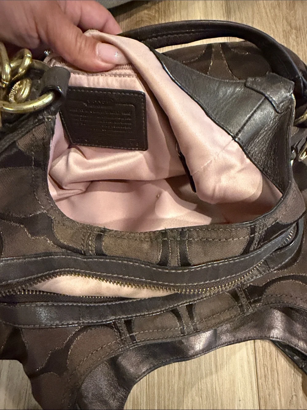 Coach Brown Signature Canvas Shoulder Bag with Gold Hardware